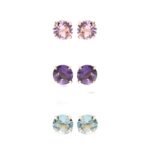 Kit com 3 Brincos Banhado à Ouro 18K Pingo de Luz Redondo Colorido Topázio Ametista Quartzo Rosa